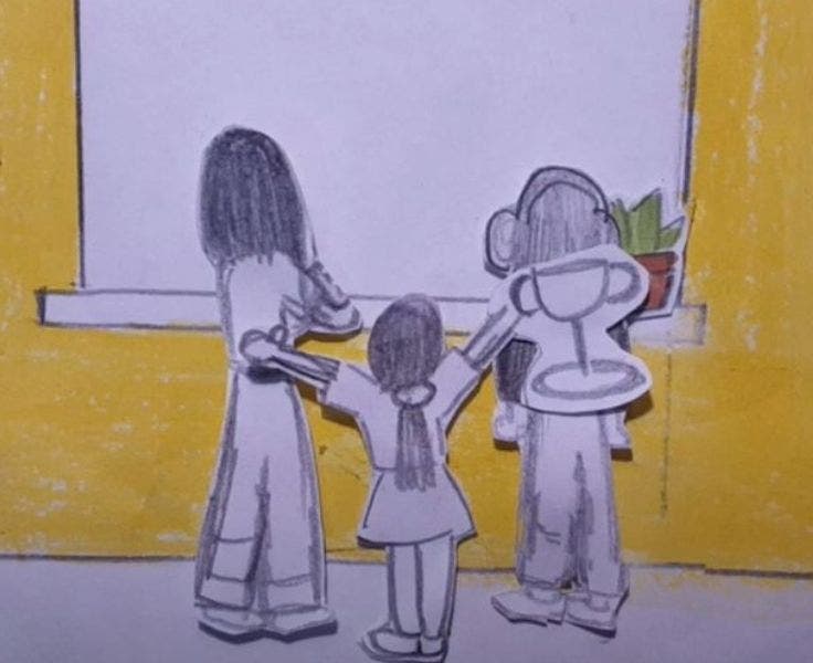 Three paper and lead pencil shaded characters are facing a window. This is an art work.