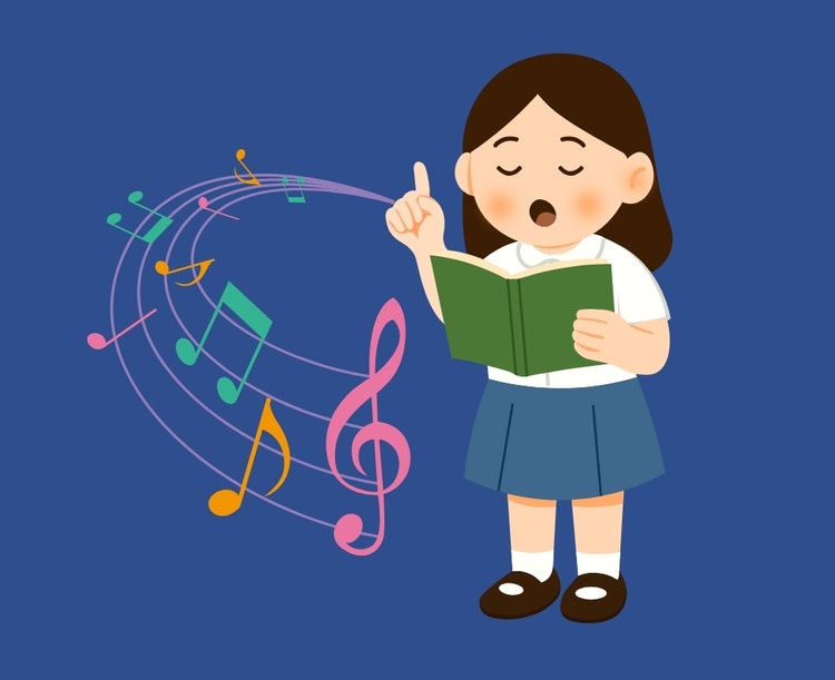 A graphic where a brunette girl has one finger raised and is holding a book while music notes move around her.