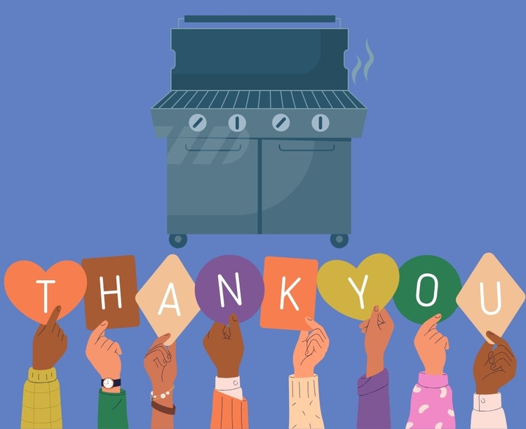 A graphic with a grey barbecue in the middle. At the bottom of the page, there are hands that are each holding a letter to spell the words